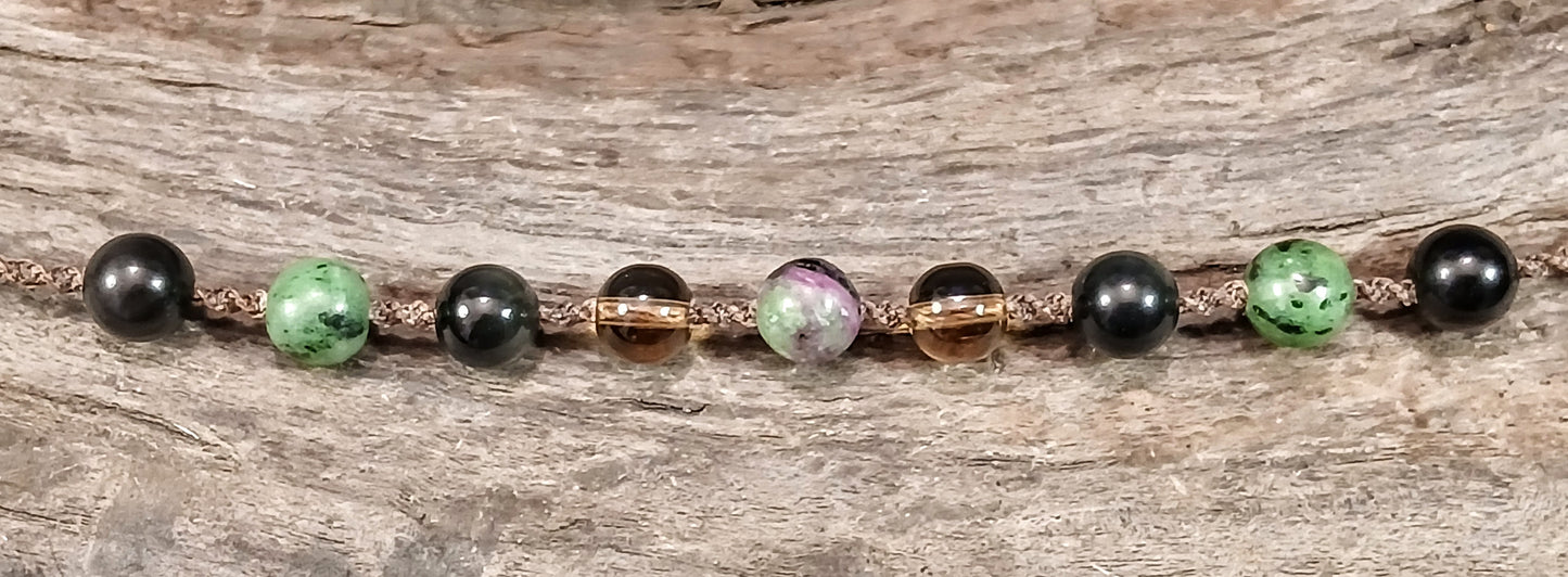 Ruby in Zoisite, Rainbow Obsidian and Smokey Quartz