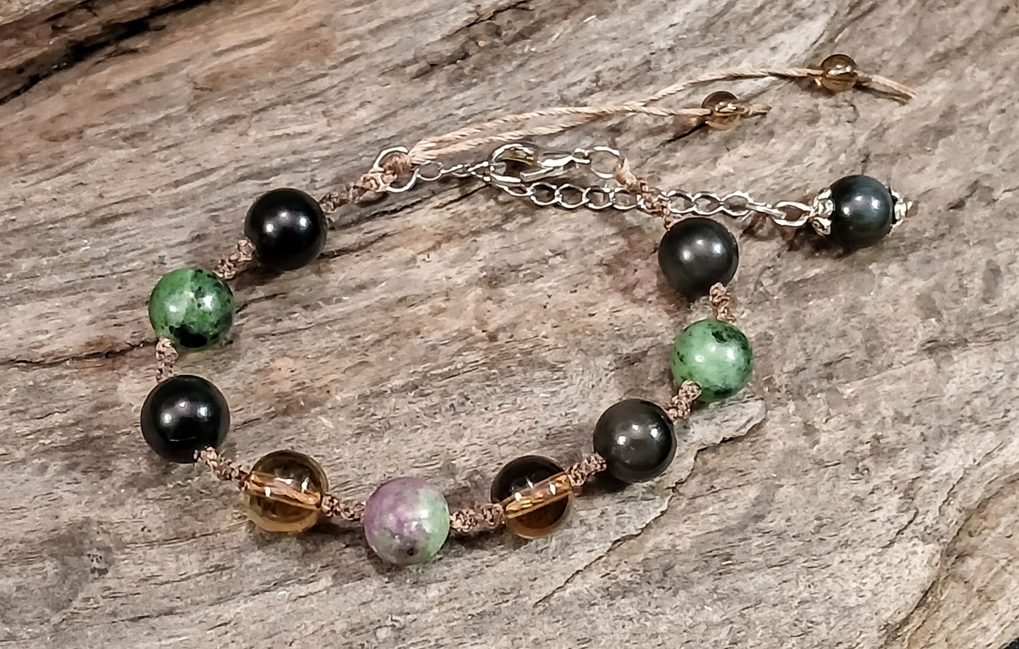 Ruby in Zoisite, Rainbow Obsidian and Smokey Quartz