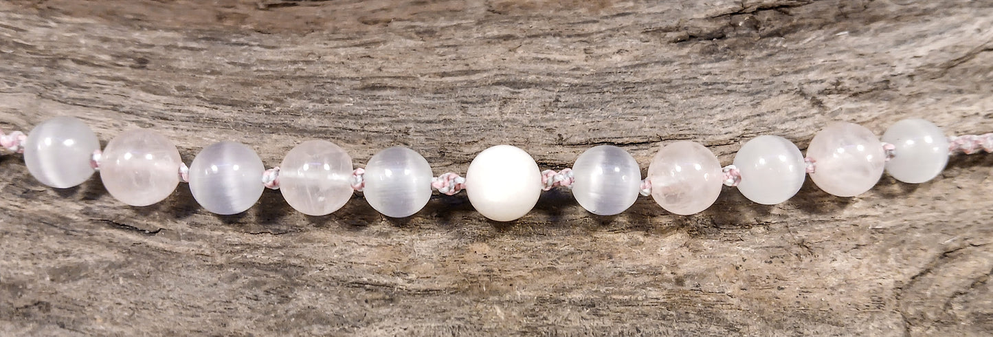 White Moonstone, Rose Quartz and Satin Spar