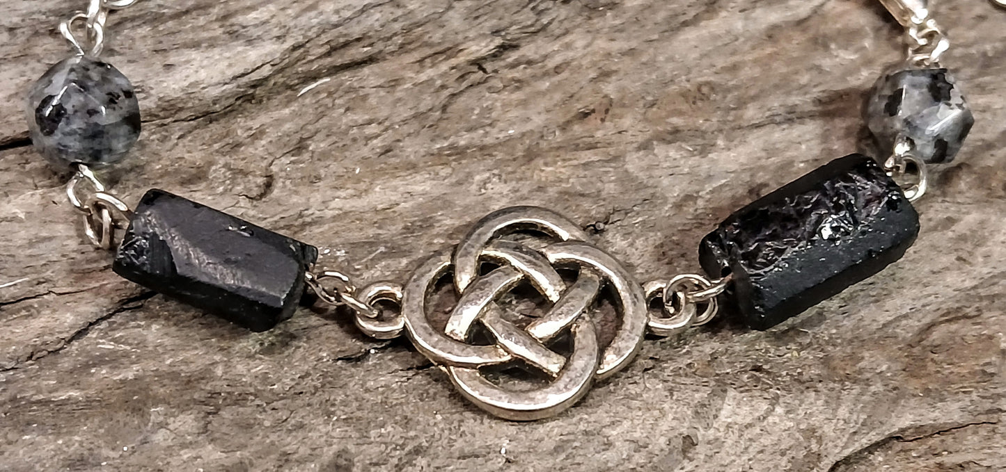 Celtic Clover Knot, Black Tormaline & Larvikite